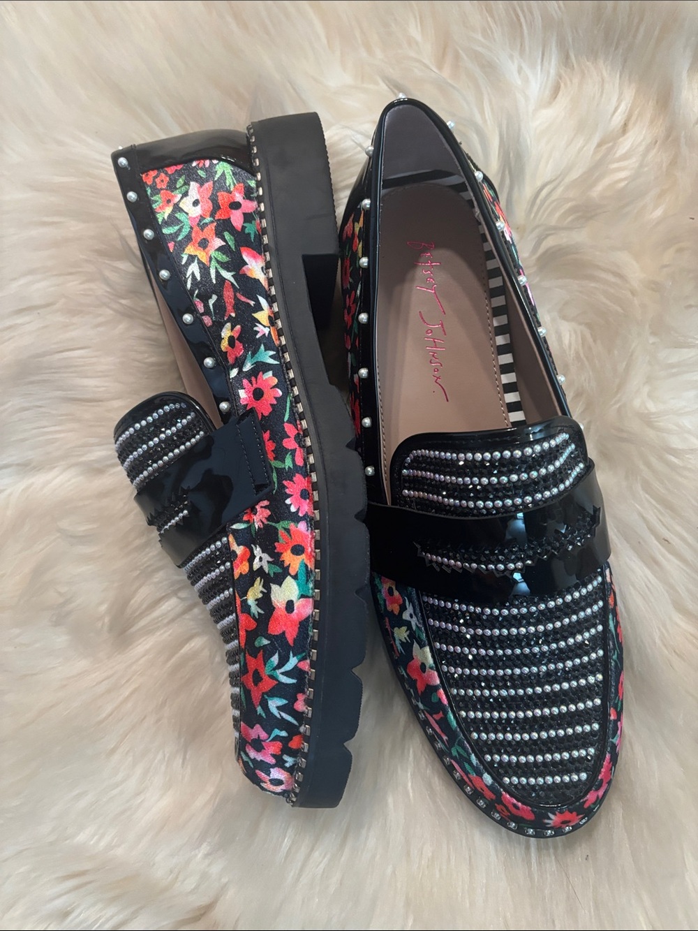 Betsey Johnson Black Floral Embellished Patent Loafers